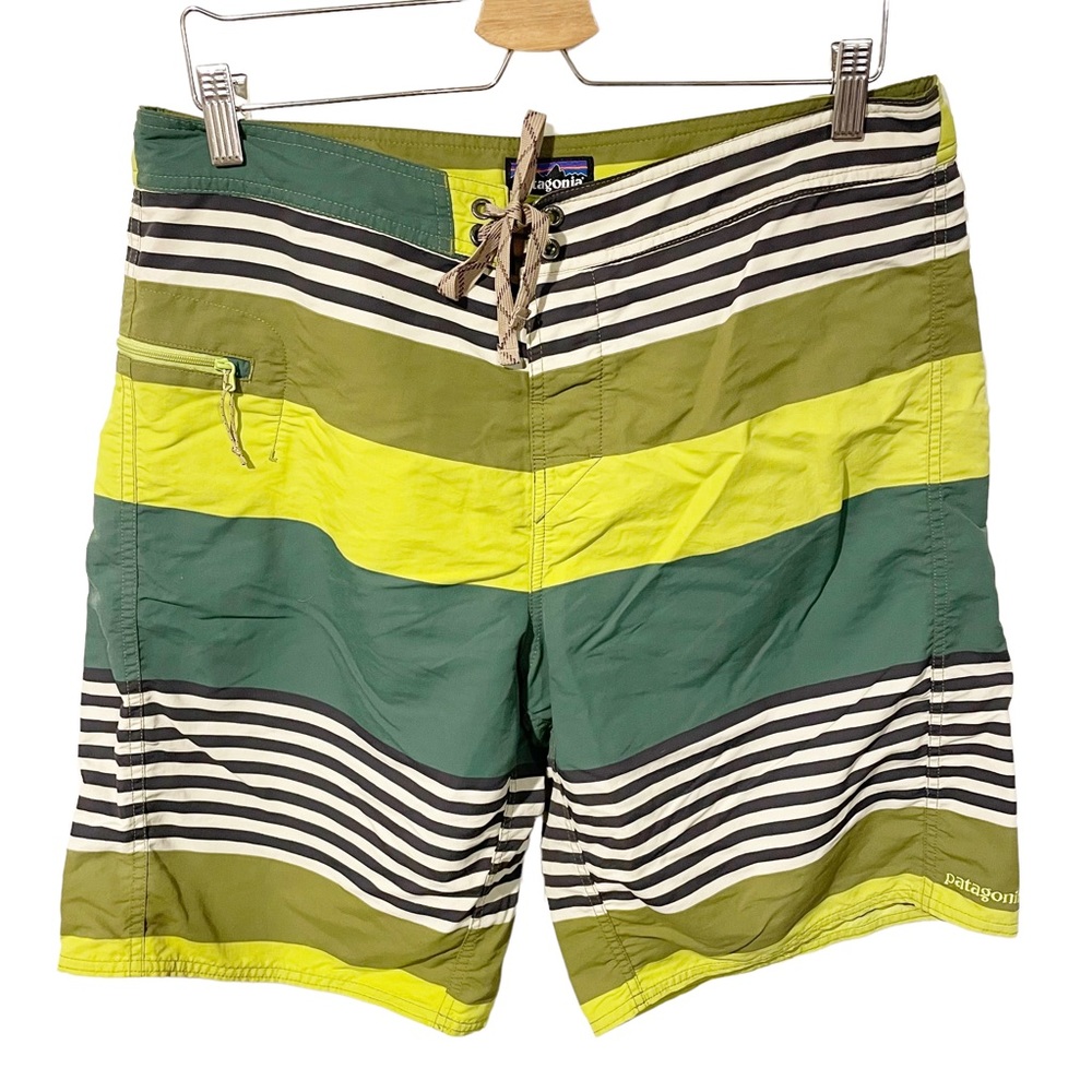 Patagonia Men’s Green Yellow Striped Swim Board Shorts